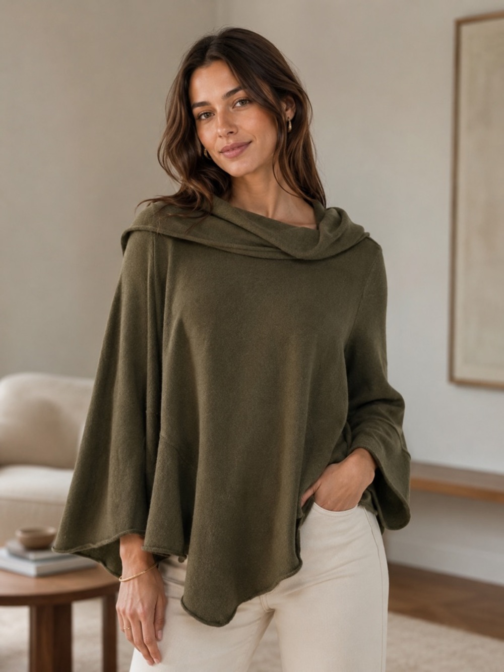Caz Knits Olive Green Cowl Neck Poncho Sweater Asymmetrical Hem Soft Knit OS